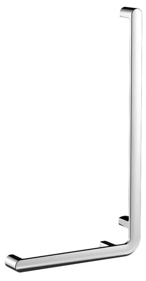 Shiny chrome towel holder with a sleek and modern design, featuring a vertical arm and an extended horizontal bar for hanging towels.